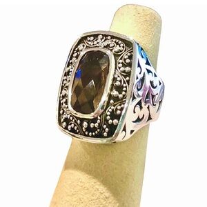 LOIS HILL Faceted Smokey Topaz Granulated Caviar Cut Out Sterling Silver Ring